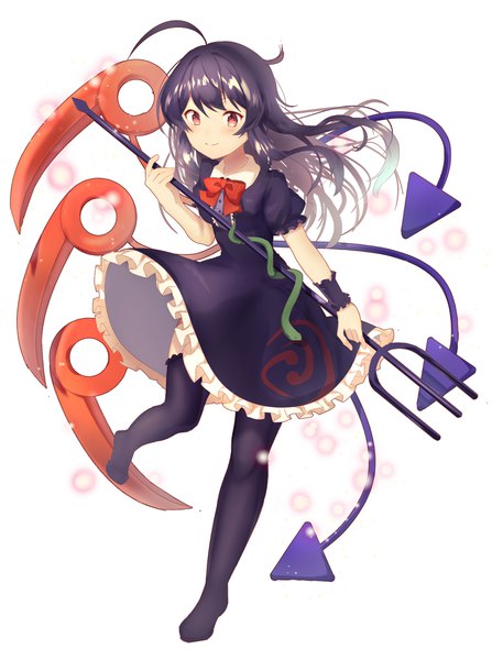 Anime-Bild 3000x4025 mit touhou houjuu nue nenobi (nenorium) single long hair tall image looking at viewer blush highres black hair red eyes standing full body ahoge light smile no shoes standing on one leg asymmetrical wings girl dress