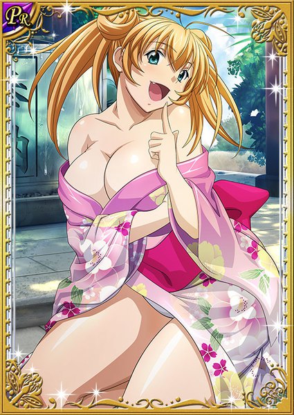 Anime picture 567x800 with ikkitousen sonsaku hakufu single long hair tall image looking at viewer fringe breasts open mouth light erotic blonde hair hair between eyes large breasts sitting twintails payot ahoge traditional clothes head tilt :d