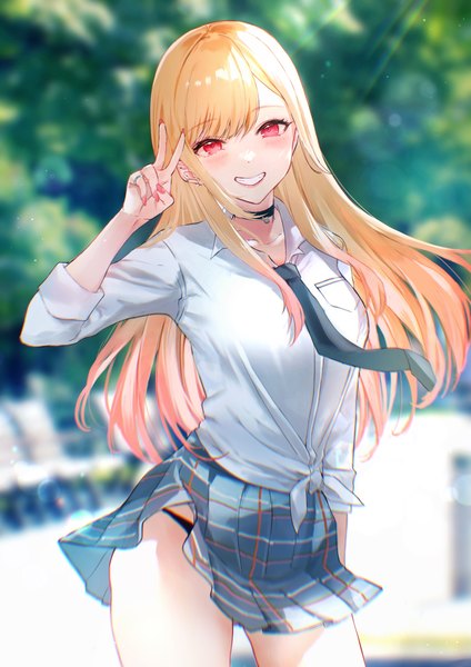 Anime picture 2480x3508 with sono bisque doll wa koi wo suru cloverworks kitagawa marin nagi (pickles pipipi) single long hair tall image looking at viewer blush highres light erotic blonde hair smile red eyes standing outdoors nail polish pleated skirt fingernails wind