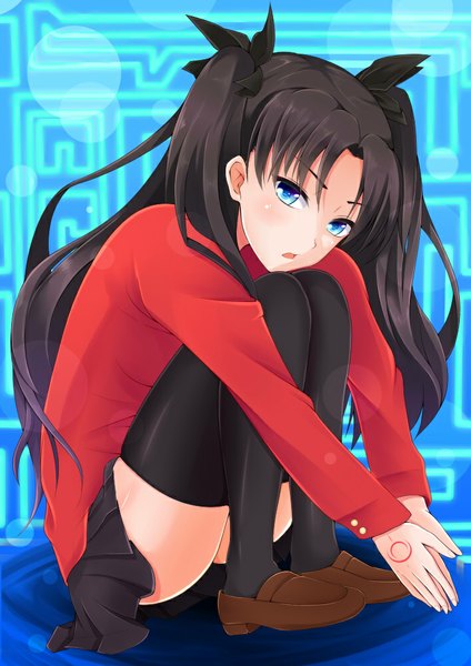 Anime picture 707x1000 with fate (series) fate/stay night type-moon toosaka rin eden002525 single long hair tall image looking at viewer open mouth blue eyes black hair sitting girl thighhighs skirt bow black thighhighs hair bow