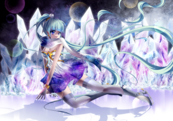 Anime picture 3000x2100 with original shinaishadow single highres blue eyes light erotic silver hair ponytail very long hair pointy ears sunlight shadow girl thighhighs dress earrings bracelet scarf sundress ice