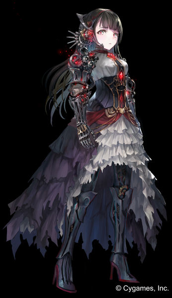 Anime picture 1874x3233 with shadowverse mono garnet rebel irua single long hair tall image looking at viewer fringe highres black hair simple background red eyes standing full body blunt bangs official art copyright name torn clothes black background mechanical arms