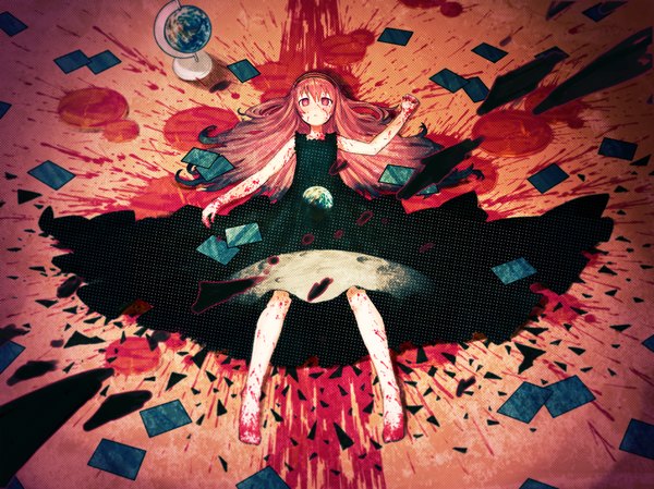Anime picture 4267x3200 with vocaloid megurine luka asgr single long hair highres red eyes pink hair absurdres lying girl dress hairband blood paper earth globe