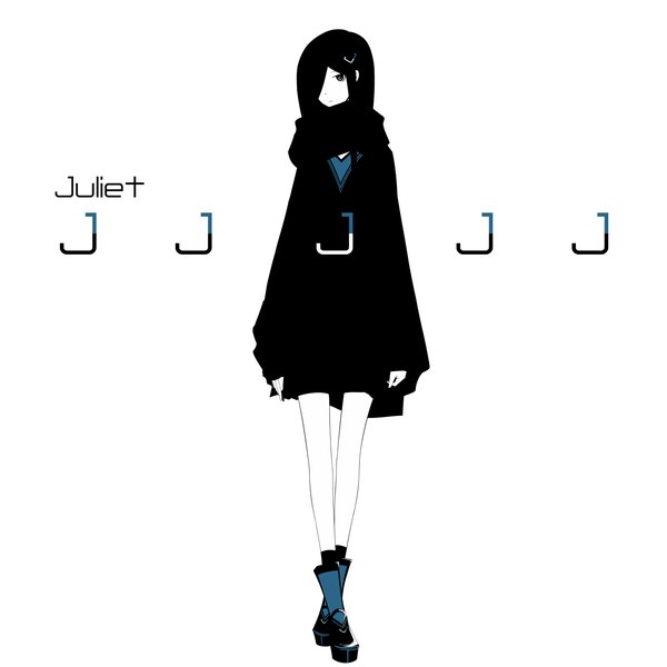 Anime picture 1500x1500 with original haru@ single long hair black hair standing white background full body long sleeves head tilt black eyes sleeves past wrists crossed legs (standing) polychromatic girl shoes scarf ankle boots