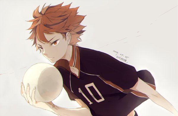 Anime picture 919x600 with haikyuu!! production i.g hinata shouyou o-ishi single short hair simple background looking away upper body orange hair grey background orange eyes dated volleyball boy uniform gym uniform ball volleyball ball