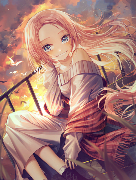 Anime picture 1507x2000 with original kellymonica02 single long hair tall image looking at viewer fringe blue eyes smile sitting bare shoulders signed pink hair sky cloud (clouds) long sleeves parted lips wind off shoulder evening