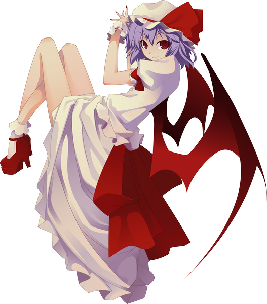 Anime picture 5253x5972 with touhou remilia scarlet paperjoey single tall image highres short hair smile red eyes absurdres purple hair nail polish transparent background bat wings girl dress bow wings bonnet