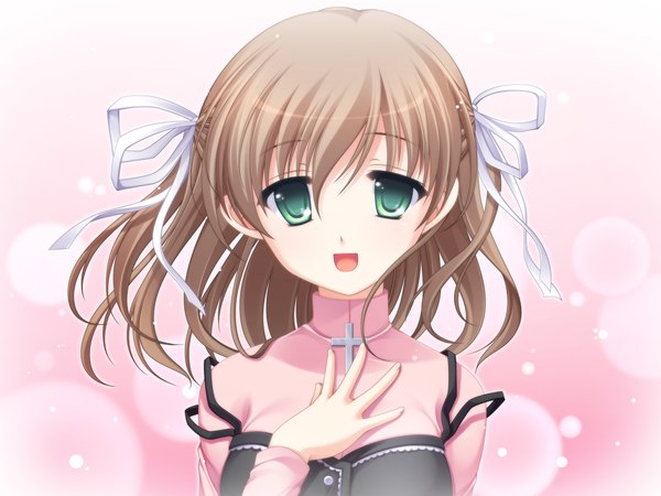 Anime picture 1600x1200 with tasogare no saki ni noboru ashita odawara hakone looking at viewer short hair open mouth brown hair green eyes game cg girl dress ribbon (ribbons) hair ribbon