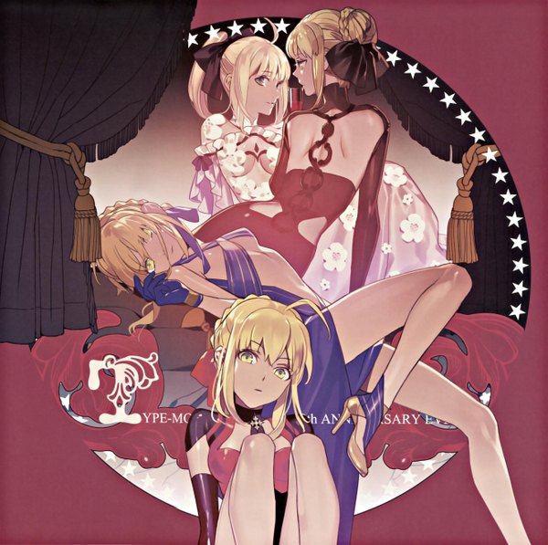 Anime picture 5306x5287 with fate (series) fate/stay night fate/extra fate/unlimited codes studio deen type-moon artoria pendragon (all) saber nero claudius (fate) (all) saber alter nero claudius (fate) saber lily kurahana chinatsu looking at viewer highres light erotic blonde hair sitting multiple girls green eyes