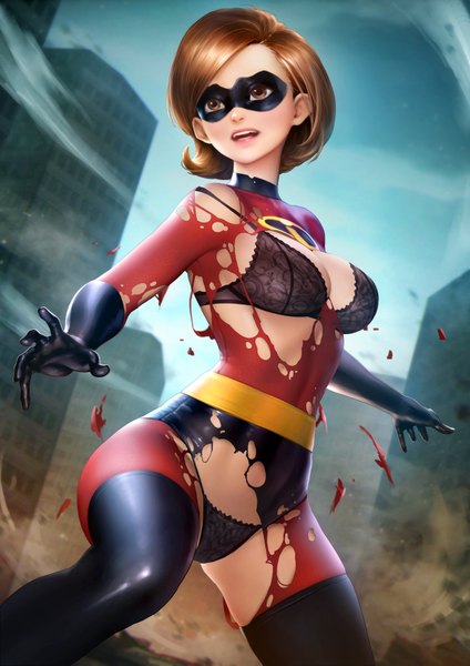 Anime picture 2480x3508 with the incredibles disney elastigirl nudtawut thongmai single tall image blush fringe highres short hair breasts open mouth light erotic brown hair standing brown eyes looking away sky cleavage bent knee (knees)
