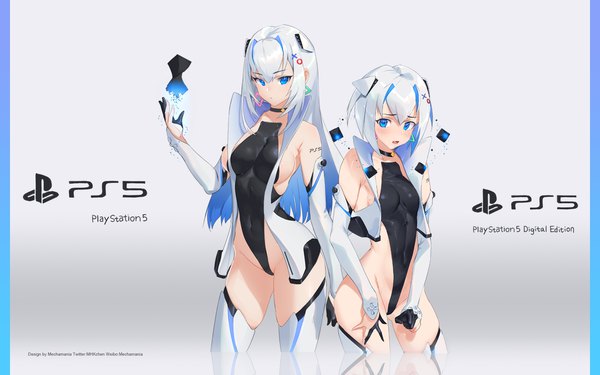 Anime picture 1920x1200 with original sony ps5 chan mhk (mechamania) long hair looking at viewer blush fringe highres short hair breasts open mouth blue eyes light erotic simple background hair between eyes standing multiple girls signed white hair