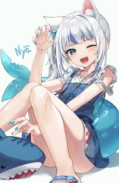 Anime picture 1500x2301 with virtual youtuber hololive hololive english gawr gura gawr gura (2nd costume) myung yi single long hair tall image blush fringe open mouth blue eyes light erotic sitting animal ears silver hair bent knee (knees) tail blunt bangs