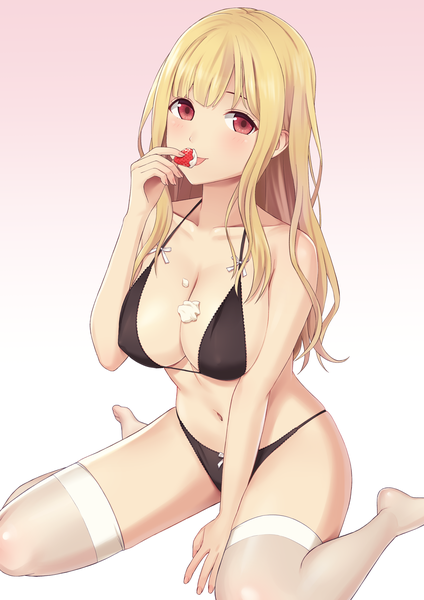Anime picture 2900x4100 with original n.g. single long hair tall image looking at viewer blush fringe highres breasts light erotic simple background blonde hair red eyes large breasts sitting holding cleavage blunt bangs arm up