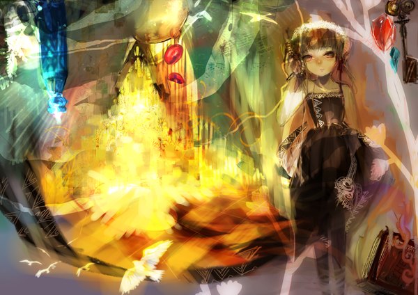 Anime picture 1600x1132 with vocaloid zigemu single green hair girl dress animal headphones black dress bird (birds) book (books) fire