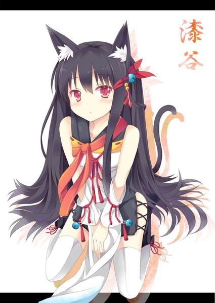 Anime picture 1000x1412 with original nibiiro shizuka single long hair tall image black hair red eyes animal ears cat ears cat girl cat tail girl thighhighs ribbon (ribbons) detached sleeves white thighhighs bell