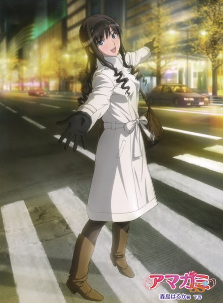 Anime picture 3234x4400 with amagami morishima haruka single long hair tall image highres open mouth blue eyes black hair absurdres official art spread arms crosswalk girl coat