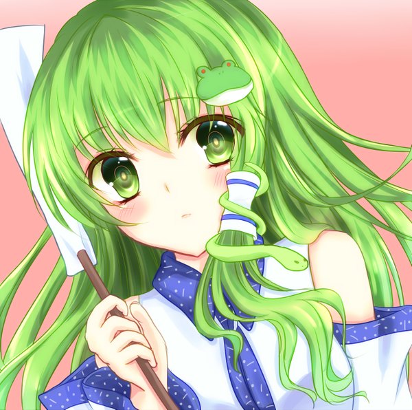 Anime picture 2507x2494 with touhou kochiya sanae single long hair looking at viewer blush highres green eyes green hair girl hair ornament detached sleeves hair tubes