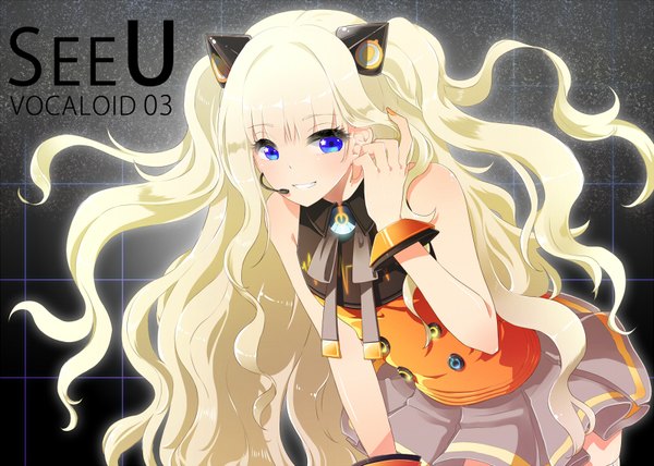 Anime picture 800x571 with vocaloid seeu eloosia single long hair fringe blue eyes blonde hair smile bare shoulders animal ears nail polish cat ears leaning leaning forward copyright name character names adjusting hair fake animal ears wavy hair