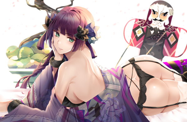 Anime picture 1500x979 with girls frontline carcano m91/38 (girls frontline) nicky w single long hair looking at viewer blush fringe breasts light erotic simple background large breasts white background green eyes purple hair ass blunt bangs braid (braids) traditional clothes parted lips