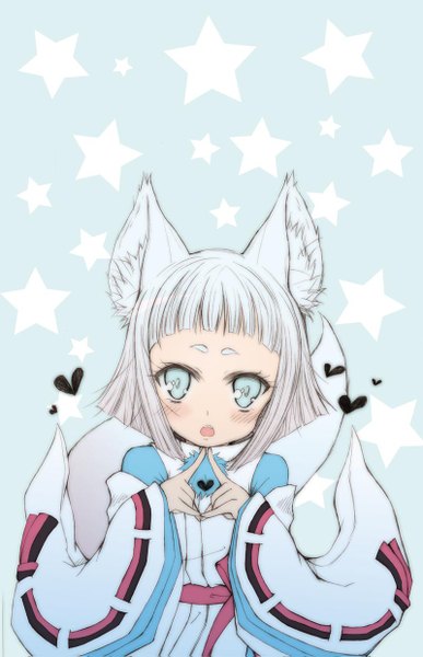 Anime picture 800x1239 with tokyo ravens 8bit kon (tokyo ravens) mikunido202 single tall image looking at viewer blush fringe short hair open mouth blue eyes animal ears silver hair tail traditional clothes japanese clothes animal tail from above fox ears