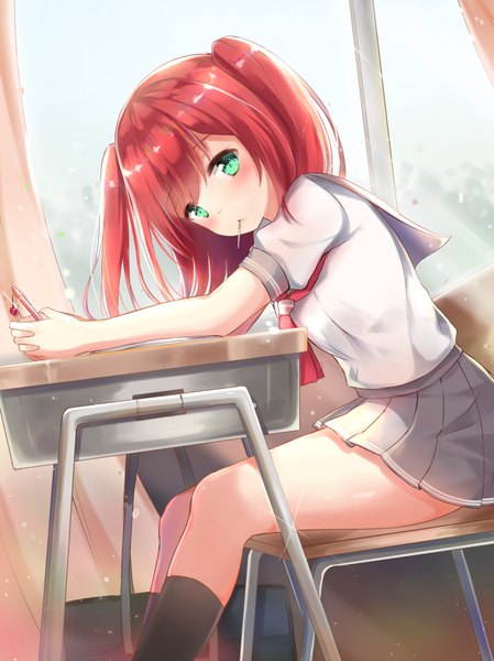Anime picture 749x1000 with love live! sunshine!! sunrise (studio) love live! kurosawa ruby konka single long hair tall image looking at viewer blush fringe sitting holding green eyes bent knee (knees) red hair indoors pleated skirt sparkle short sleeves