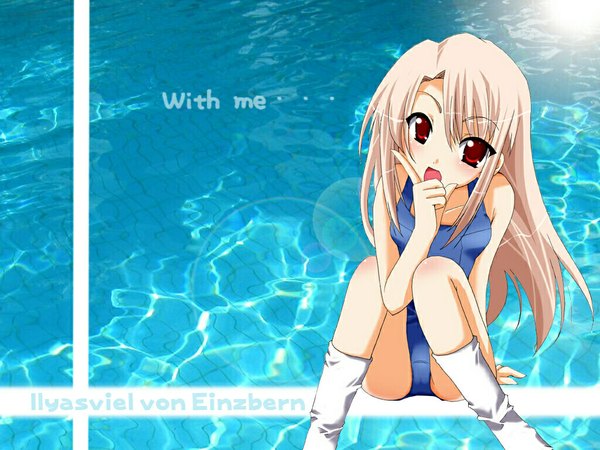 Anime picture 1024x768 with fate (series) fate/stay night fate/hollow ataraxia studio deen type-moon illyasviel von einzbern long hair blonde hair red eyes swimsuit socks one-piece swimsuit school swimsuit