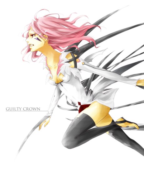 Anime picture 1187x1540 with guilty crown production i.g yuzuriha inori yoma (pixiv) single long hair tall image light erotic red eyes white background pink hair profile inscription girl bodysuit