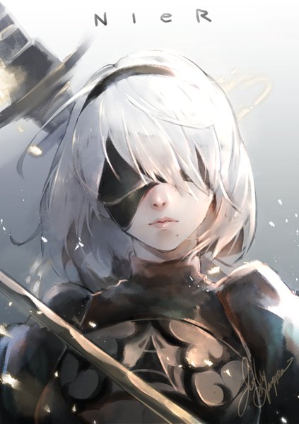 Anime picture 2039x2894 with nier nier:automata yorha no. 2 type b kiyopee single tall image fringe highres short hair breasts simple background signed upper body white hair long sleeves lips mole puffy sleeves character names lipstick