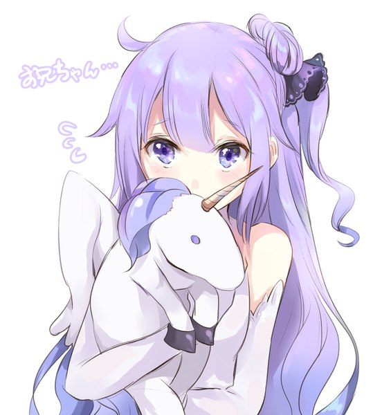 Anime-Bild 1240x1348 mit azur lane unicorn (azur lane) kayanogura single long hair tall image fringe simple background white background purple eyes bare shoulders purple hair upper body ahoge one side up covered mouth girl gloves elbow gloves white gloves