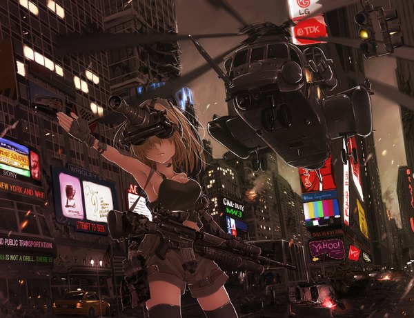 Anime picture 1950x1500 with call of duty koh (minagi kou) highres short hair blonde hair city pointing street destruction girl gloves weapon shorts fingerless gloves gun ground vehicle car rifle traffic lights helicopter