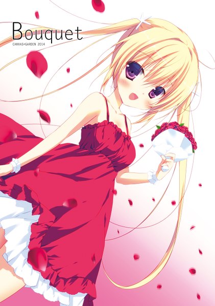 Anime picture 1000x1425 with original miyasaka miyu long hair tall image blush fringe open mouth blonde hair hair between eyes white background purple eyes twintails dutch angle gradient background girl dress flower (flowers) petals bouquet