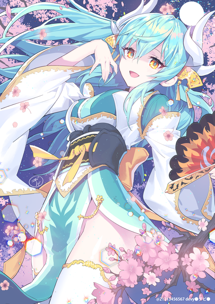 Anime picture 2480x3508 with fate (series) fate/grand order kiyohime (fate) devy single long hair tall image looking at viewer blush fringe highres open mouth light erotic hair between eyes standing holding signed yellow eyes traditional clothes :d
