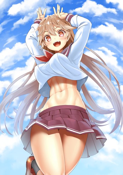 Anime picture 815x1154 with original murata taichi single long hair tall image looking at viewer blush fringe breasts open mouth light erotic hair between eyes brown hair brown eyes sky cloud (clouds) pleated skirt arms up teeth from below