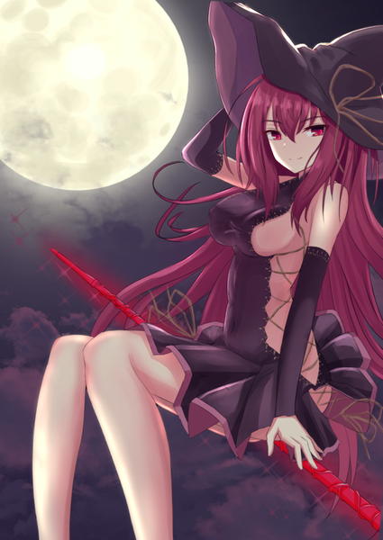 Anime picture 896x1266 with fate (series) fate/grand order scathach (fate) (all) scathach (fate) leonardo da vinci (fate) kesoshirou single long hair tall image looking at viewer breasts light erotic smile red eyes sitting red hair night night sky covered nipples flying