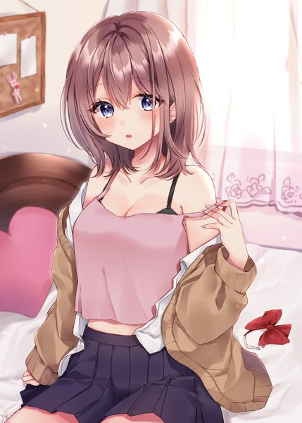 Anime picture 1000x1399 with original nazuna shizuku single tall image looking at viewer blush fringe short hair breasts open mouth blue eyes light erotic hair between eyes brown hair sitting bare shoulders payot cleavage indoors long sleeves