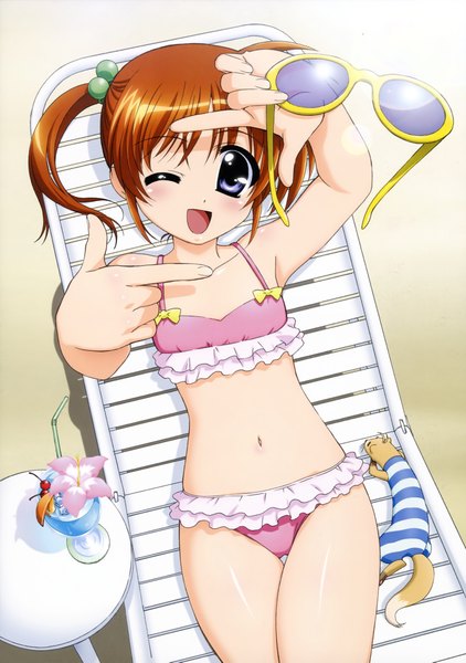 Anime picture 2962x4213 with mahou shoujo lyrical nanoha takamachi nanoha tall image highres short hair open mouth blue eyes twintails lying one eye closed wink orange hair short twintails striped sunglasses removed girl navel swimsuit sunglasses