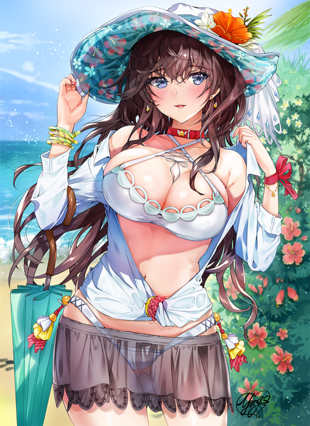 Anime picture 900x1238 with original yanyo (ogino atsuki) single long hair tall image looking at viewer blush fringe breasts blue eyes light erotic smile hair between eyes brown hair large breasts standing signed payot sky cleavage