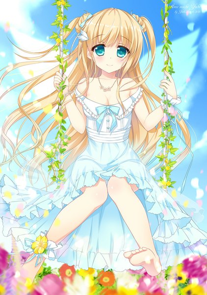 Anime picture 704x1000 with original ameto yuki single long hair tall image looking at viewer blush blue eyes blonde hair smile sky cloud (clouds) two side up girl dress flower (flowers) bow plant (plants) wings