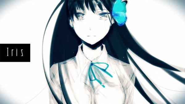 Anime picture 800x450 with original meola single long hair fringe black hair wide image grey eyes pale skin girl ribbon (ribbons) shirt white shirt insect butterfly