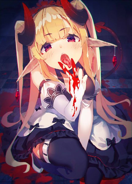 Anime-Bild 720x1000 mit original yasumo (kuusouorbital) single long hair tall image looking at viewer blonde hair red eyes sitting tail horn (horns) pointy ears two side up demon tail licking blood stains girl thighhighs gloves black thighhighs