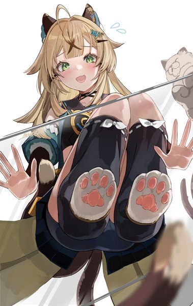 Anime picture 987x1563 with genshin impact kirara (genshin impact) nima (niru54) single long hair tall image looking at viewer open mouth blonde hair green eyes ahoge tail :d animal tail from below cat tail soles squat against glass girl