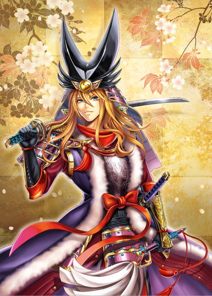 Anime picture 1734x2417 with original madopen single long hair tall image looking at viewer fringe highres blue eyes simple background blonde hair hair between eyes standing holding traditional clothes japanese clothes light smile fur trim floral background weapon over shoulder