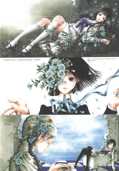 Anime picture 2200x3172 with tukiji nao (green glass) long hair tall image highres short hair black hair purple eyes lying braid (braids) eyes closed profile hair flower wind scan inscription girl uniform hair ornament flower (flowers) plant (plants)