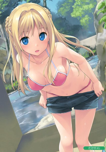 Anime picture 2459x3500 with melonbooks takayaki single long hair tall image looking at viewer blush highres breasts open mouth blue eyes light erotic blonde hair scan girl swimsuit bikini shorts
