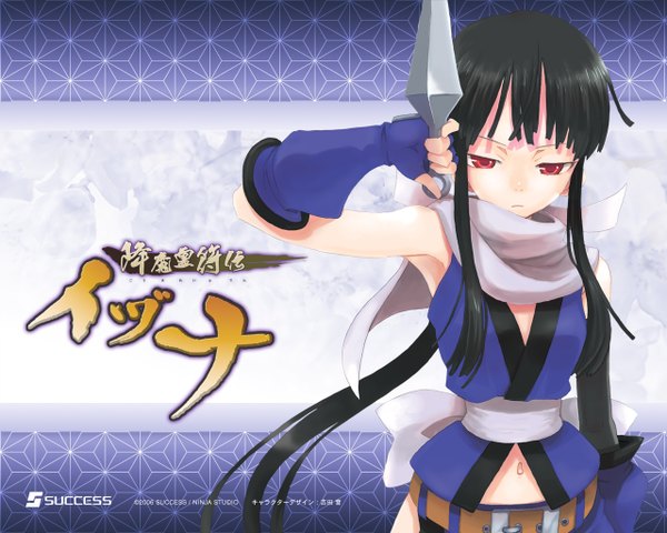 Anime picture 1280x1024 with gouma reifuden izuna shino (gouma reifuden izuna) yoshida on single long hair black hair red eyes holding upper body arm up official art low ponytail asa no ha (pattern) girl navel weapon kunai