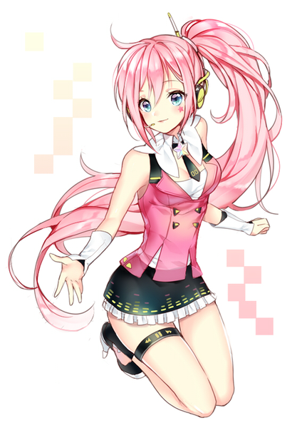 Anime picture 576x801 with vocaloid uni (vocaloid) pingo single tall image fringe blue eyes simple background hair between eyes white background bare shoulders looking away pink hair full body ahoge very long hair facial mark side ponytail girl skirt