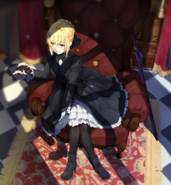 Anime picture 1500x1620 with fate (series) fate/hollow ataraxia artoria pendragon (all) saber alter grandgua single tall image short hair blonde hair sitting yellow eyes looking away full body from above shadow crossed legs girl dress gloves weapon