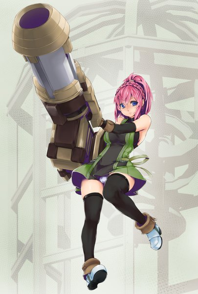 Anime picture 1350x2000 with god eater god eater burst ufotable canon (god eater) afurichin single tall image looking at viewer short hair blue eyes light erotic pink hair pantyshot girl thighhighs dress gloves weapon black thighhighs elbow gloves