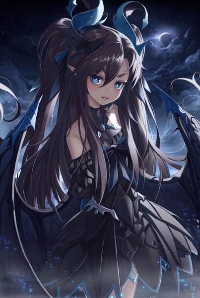Anime picture 1500x2233 with original okazu (eightstudio) single tall image looking at viewer fringe open mouth blue eyes hair between eyes brown hair standing cloud (clouds) very long hair head tilt night two side up night sky symbol-shaped pupils hands behind back lolita fashion