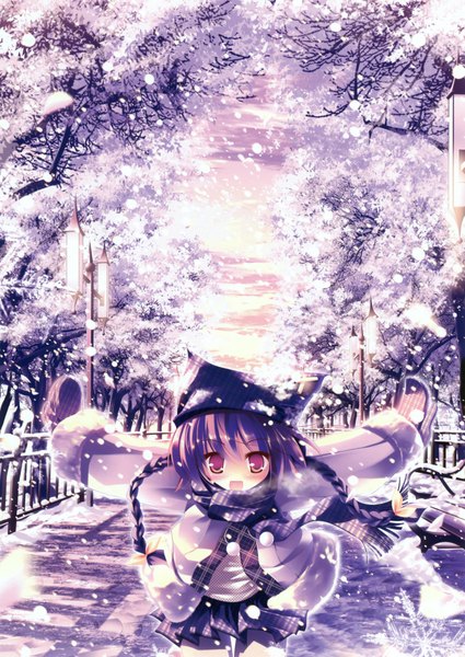 Anime picture 3026x4268 with inuneko single tall image highres open mouth black hair red eyes absurdres braid (braids) wind loli twin braids snowing winter snow girl plant (plants) tree (trees) scarf lantern
